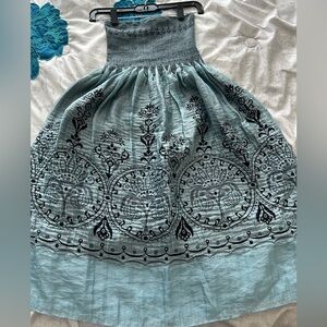 One Size dressy halter dress, aqua blue with black design